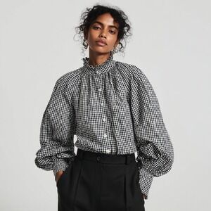 NWT J Crew 14 Gingham Ruffle Neck Blouse Puffy Sleeves Soft Gauze Feminine